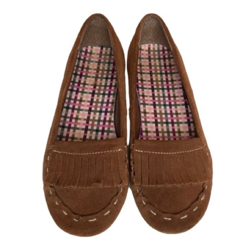 LANDS’ END Suede Fringed Moccasin Flat Loafer, Women's, Brown, Size 7